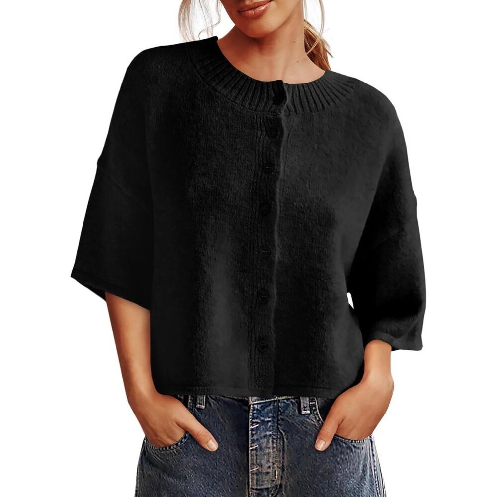 Womens Knit Cardigan Sweater 3/4 Sleeve Cropped Button Down Fall Casual Top